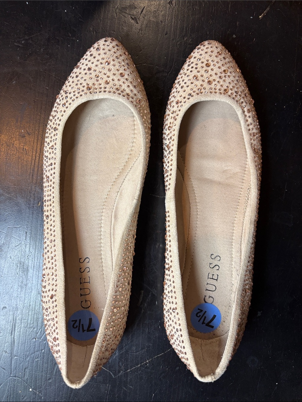 GUESS Beige Crystal-Embellished Ballet Flats
